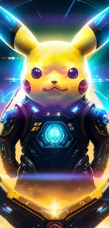 Futuristic Pikachu in cyber suit with vibrant colors and sci-fi elements.