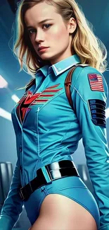 Futuristic female pilot in blue uniform with modern design.