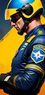 Futuristic pilot in blue jacket with yellow helmet on dark background.