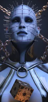 Futuristic Pinhead-inspired art with chains and cube.