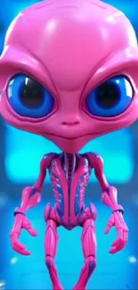 Futuristic pink alien with blue eyes on digital background.