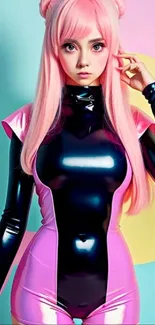 Anime character in futuristic pink outfit with pastel background.