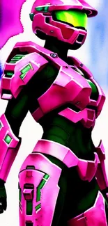 Pink armored warrior in futuristic style, vibrant mobile wallpaper.