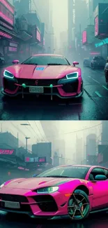 Futuristic pink car in a neon-lit city street at night.