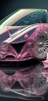 Futuristic pink car with floral accents on a reflective surface.