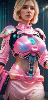 Futuristic woman in pink cybernetic armor with a vibrant background.