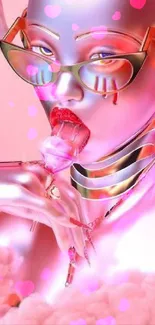 Futuristic humanoid artwork in metallic and pink hues.