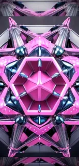 Vibrant pink geometric wallpaper with 3D design elements.