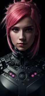 Futuristic android with pink hair and glowing armor in dark setting.