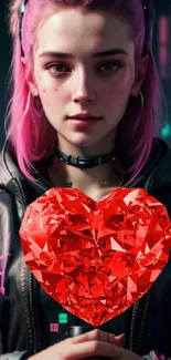 Futuristic pink-haired girl with a red heart gem on a mobile wallpaper.