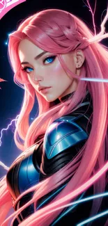 Futuristic anime warrior with pink hair and blue eyes in vibrant design.