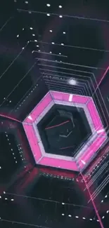 Futuristic wallpaper with pink hexagon design and dark background.