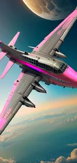 Futuristic pink airplane flying above clouds with a moon in the background.