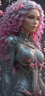 Futuristic female adorned with pink roses, blending elegance and modern design.