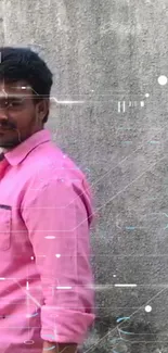 Man in pink shirt with futuristic digital overlay.