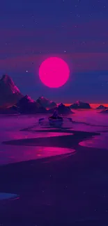 Futuristic landscape with pink sunrise and mountains.