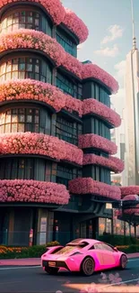 Futuristic city with pink blossom buildings and a sleek car on the road.