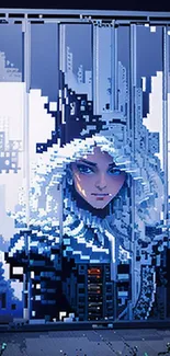 Futuristic pixel art portrait in blue tones with intricate details.