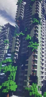 Minecraft skyscraper engulfed by vines in a futuristic urban jungle setting.