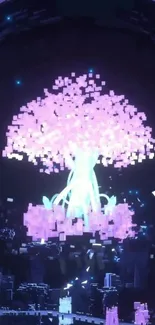 Futuristic pixelated tree glowing in dark digital landscape.