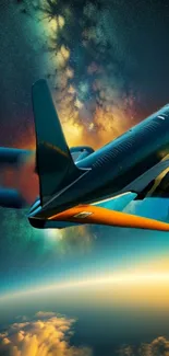 Futuristic plane soaring through vibrant galaxy sky.