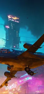 Futuristic plane soaring through neon-lit cityscape.