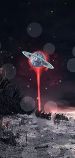 Futuristic landscape with planet and glowing red ring in dark sky.