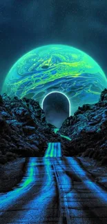 Futuristic glowing planet over blue cosmic road.