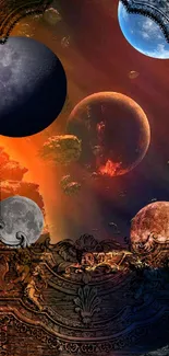 Futuristic wallpaper with five vibrant planets against a burnt orange sky.