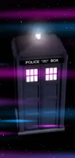 Neon-glowing police box in space with a dark sky.