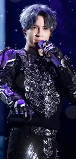 Pop star in futuristic armor on stage with dark purple background.