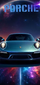 Porsche car in a cosmic scene with a galaxy and futuristic elements.