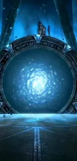 Futuristic blue portal with glowing center and digital elements.