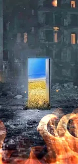 Mobile wallpaper showing a phone portal in a dystopian setting.