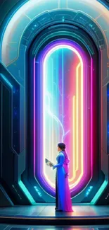 Futuristic neon portal with a figure holding a tablet in a vibrant sci-fi setting.