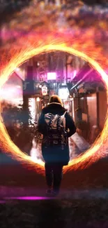 Person walking through a glowing orange portal in a futuristic city scene.