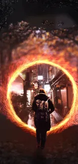 Traveler entering a fiery portal to a luminous city street at night.