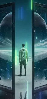 Man stands before futuristic portals, opening to a cosmic landscape.