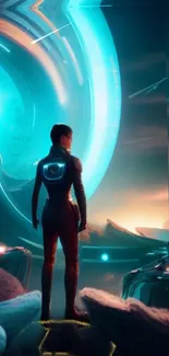 A futuristic figure stands by a glowing portal in a sci-fi scene.