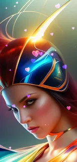 Futuristic digital artwork of a vibrant character with colorful headgear.