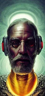 Futuristic portrait with headphones in a sci-fi style, ideal for mobile screens.