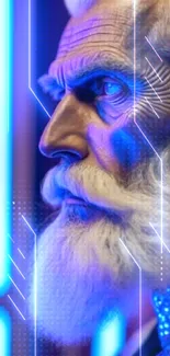 Sci-fi character with metallic beard in blue light.