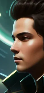 Futuristic wallpaper of a young man's portrait with teal and neon accents.