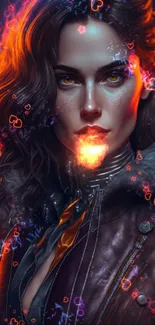 Futuristic portrait of woman in leather jacket with vibrant colors.