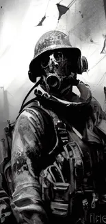 Post-apocalyptic warrior in black and white art with a gas mask.