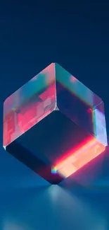 Futuristic blue prism cube with iridescent highlights.