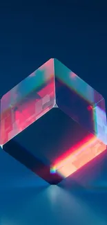 Futuristic prism cube with vibrant neon colors on a blue background.