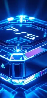 Futuristic PS5 console with blue neon accents, showcasing modern design.