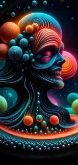 Futuristic psychedelic art wallpaper featuring vibrant colors and abstract design.