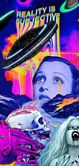 Futuristic psychedelic artwork with neon colors and surreal imagery.